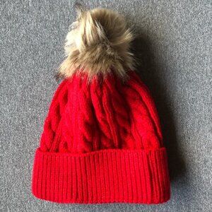 Knit Toque with Faux Fur Pom ~ Red ~ Brand New Size Toddler to Child